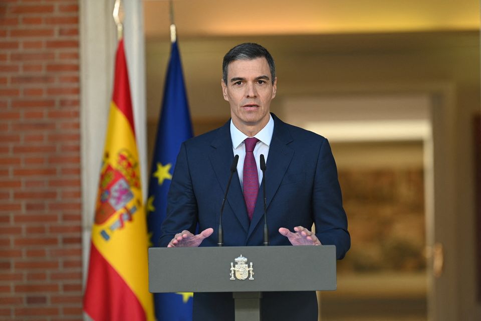 Spain's prime minister Pedro Sanchez gives a statement to announce he will stay on. Photo: Reuters