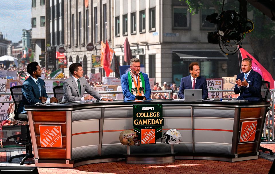 24 August 2024; ESPN GameDay hosts and analysts, from left, Desmond Howard, Rece Davis, Pat McAfee, Nick Saban and Kirk Herbstreit, during the ESPN College GameDay pre-match event in Dublin ahead of the 2024 Aer Lingus College Football Classic match between Florida State and Georgia Tech at the Aviva Stadium. Photo by David Fitzgerald/Sportsfile 