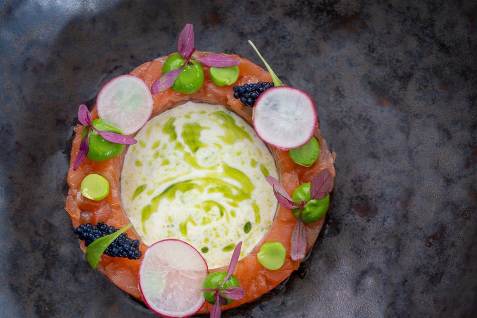 Smoked salmon with a herb emulsion and horseradish buttermilk from The Hound, Mount Juliet Estate. Photo: Bradley Quinn