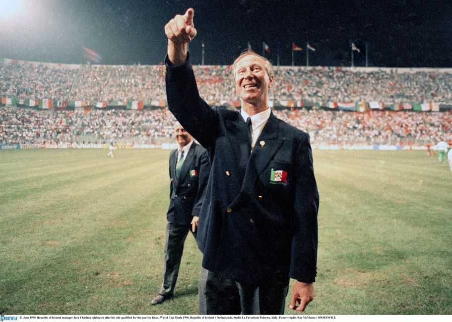 21 June 1990; Republic of Ireland manager Jack Charlton celebrates after his side qualified for the quarter finals. World Cup Finals 1990, Republic of Ireland v Netherlands, Stadio La Favoritam Palermo, Italy. Picture credit: Ray McManus / SPORTSFILE