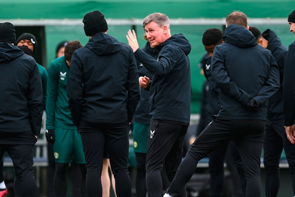 Ireland manager Stephen Kenny speaks to his players during a training session at the FAI National Training Centre in Abbotstown, Dublin. Photo by Stephen McCarthy/Sportsfile