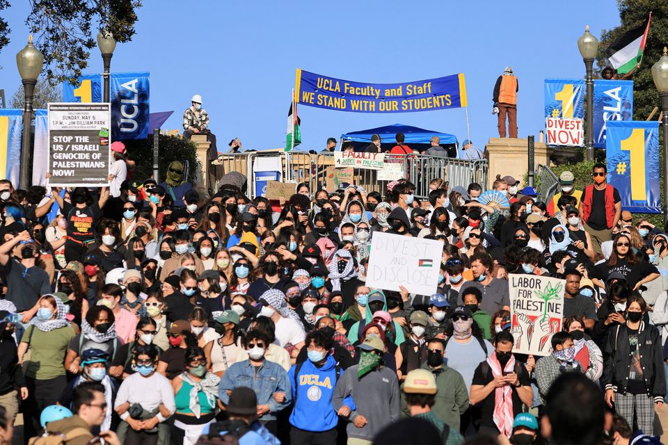Pro-Palestinian demonstrators gather at the University of California, Los Angeles (UCLA) on Wednesday. Photo: David Swanson