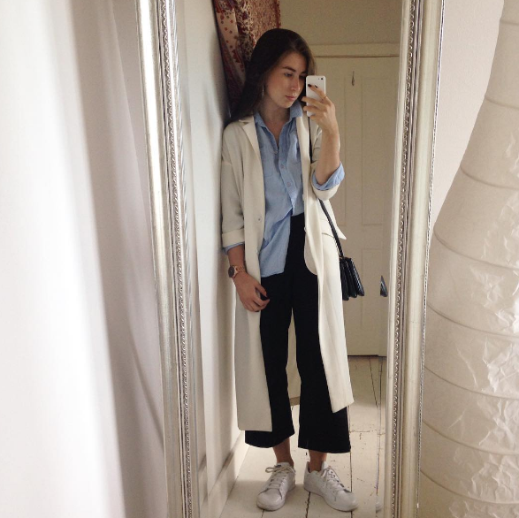 Culottes, an oversized shirt and a duster coat make for a classic outfit of the day. Photo: Siomha Connolly Instagram