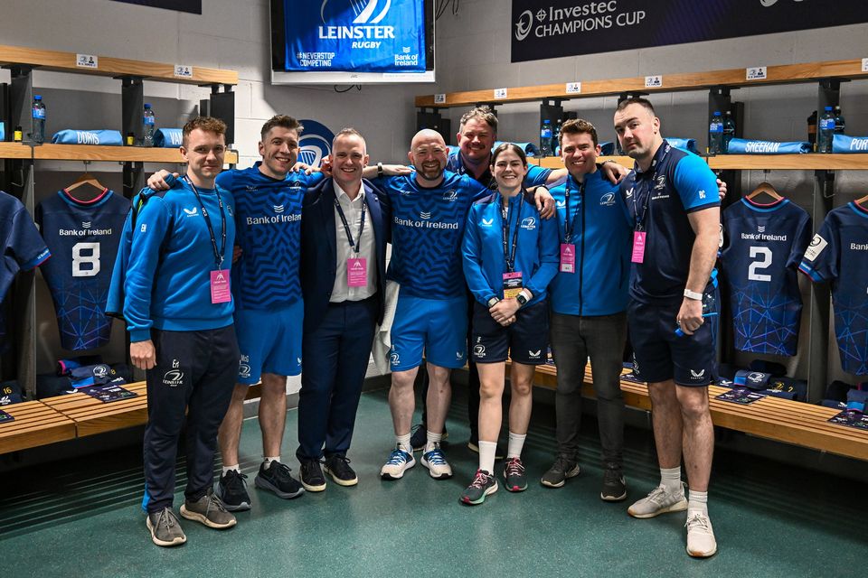 Leinster backroom staff (l-r) Eoghan Hickey, Joe McGinley, Marcus Ó Buachalla, Jim Bastick, Gary Nolan, Juliette Fortune, Paul Cahill and Brian Colclough at the Champions Cup semi-final between Leinster and Northampton Saints at Croke Park in Dublin. Photo: Harry Murphy/Sportsfile