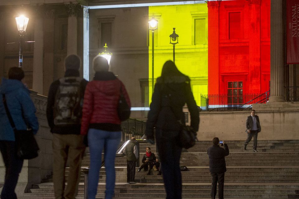 The National Gallery in London was lit in the colours of the Belgian flag after the Brussels terror attacks