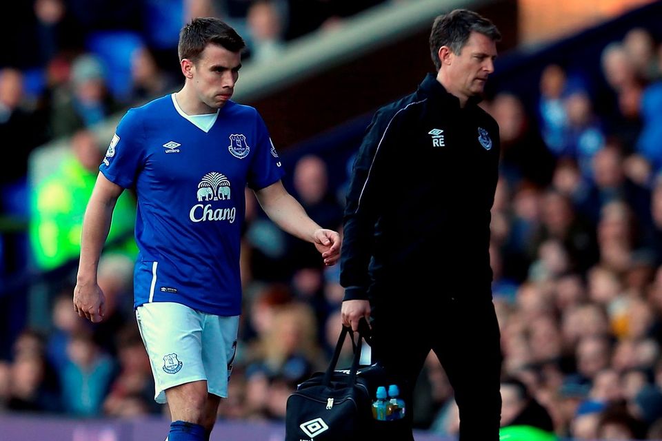 Everton’s Séamus Coleman leaves the pitch after picking up a hamstring injury against Southampton at Goodison Park. Photo: Getty