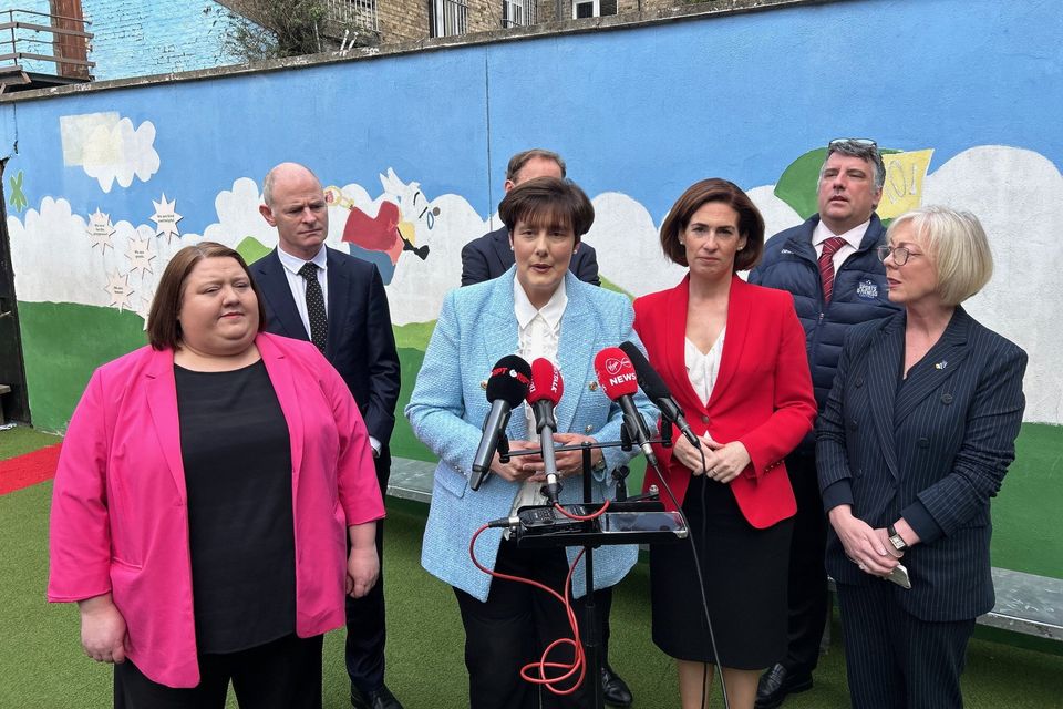 Education minister Norma Foley (centre) speaking to the media at City Quay National School, Dublin (Cillian Sherlock/PA)