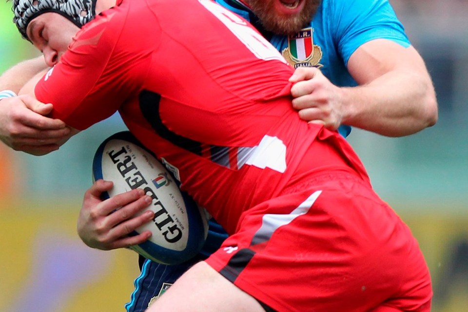 Leonardo Ghiraldini (right) competes for control of the ball with Dan Lydiate of Wales