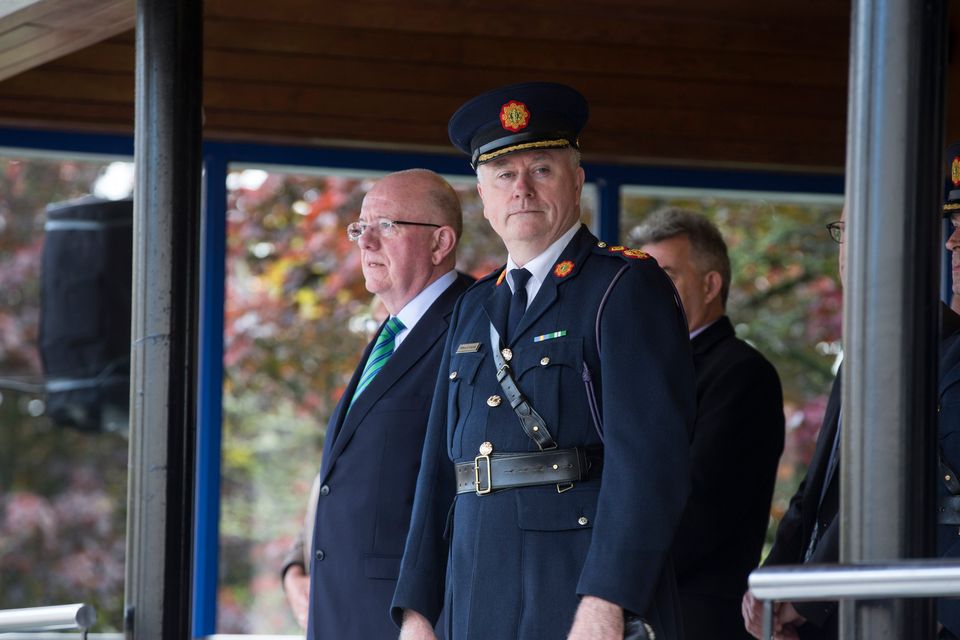 Minister for Justice Charlie Flanagan with Acting Garda Commissioner Dónall Ó Cualáin at the passing out ceremony of probationer Gardaí at the Garda College, Templemore this morning.
Pic:Mark Condren