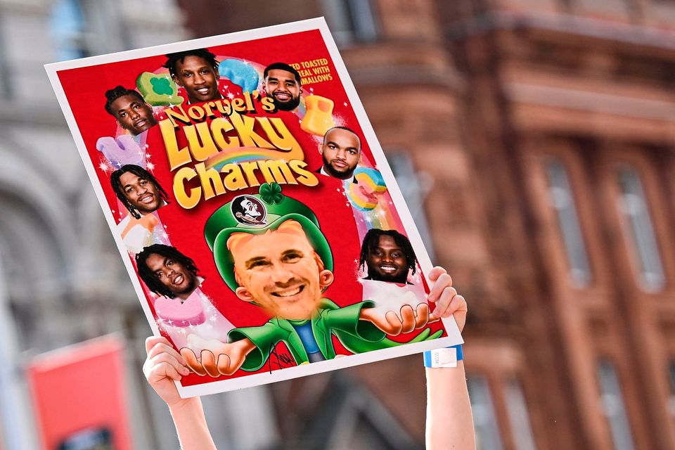 24 August 2024; Florida State supporters during the ESPN College GameDay pre-match event in Dublin ahead of the 2024 Aer Lingus College Football Classic match between Florida State and Georgia Tech at the Aviva Stadium. Photo by David Fitzgerald/Sportsfile 