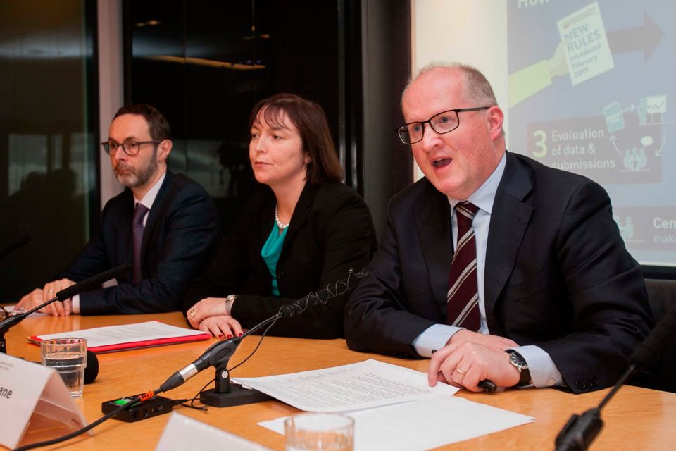 (L to R) Cyril Roux Deputy Governor (financial regulation) Central Bank Sharon Donnery Deputy Governor Central Banking Philip R Lane Governor Cenral Bank during the announcement of the Outcome of Review of Mortgages at the Central Bank in Dublin's City Centre. Photo: Gareth Chaney Collins