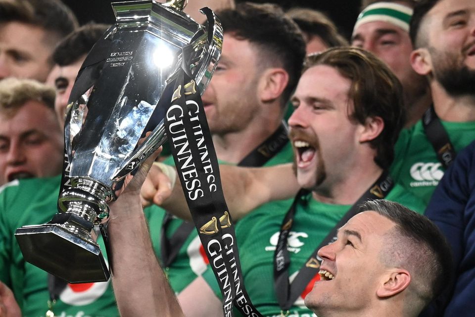 Captain Johnny Sexton lifts the trophy after Ireland's victory in the Six Nations Rugby Championship match between Ireland and England at the Aviva Stadium on Saturday. Photo: Harry Murphy/Sportsfile