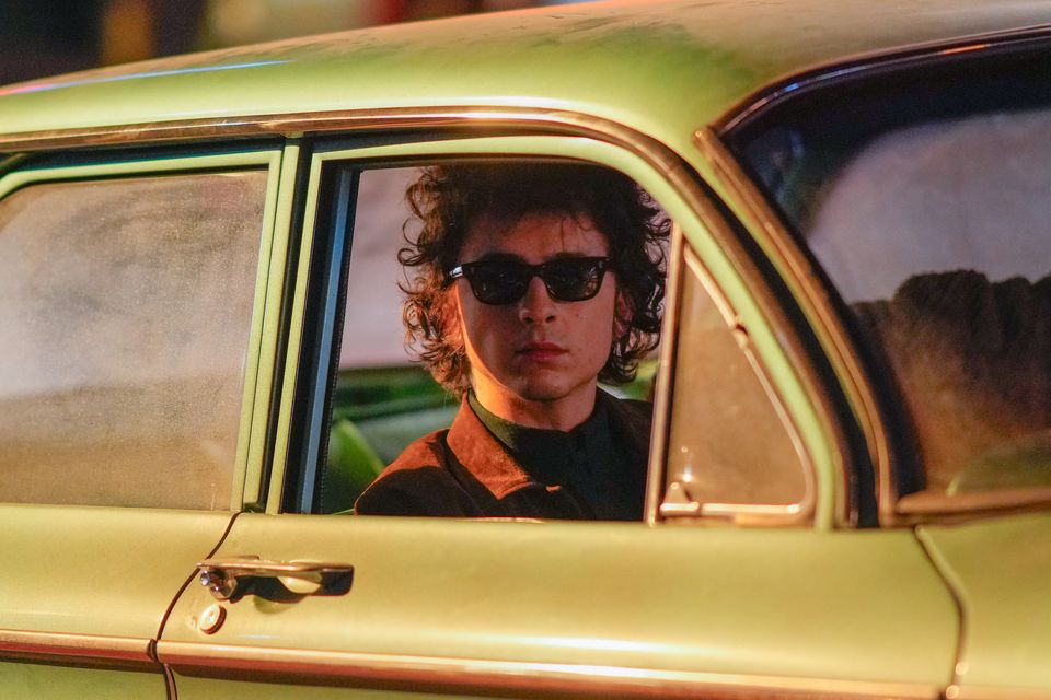 Timothee Chalamet on set in New York City while filming ‘A Complete Unknown’, in which he plays a young Bob Dylan. Photo: Gotham/GC Images