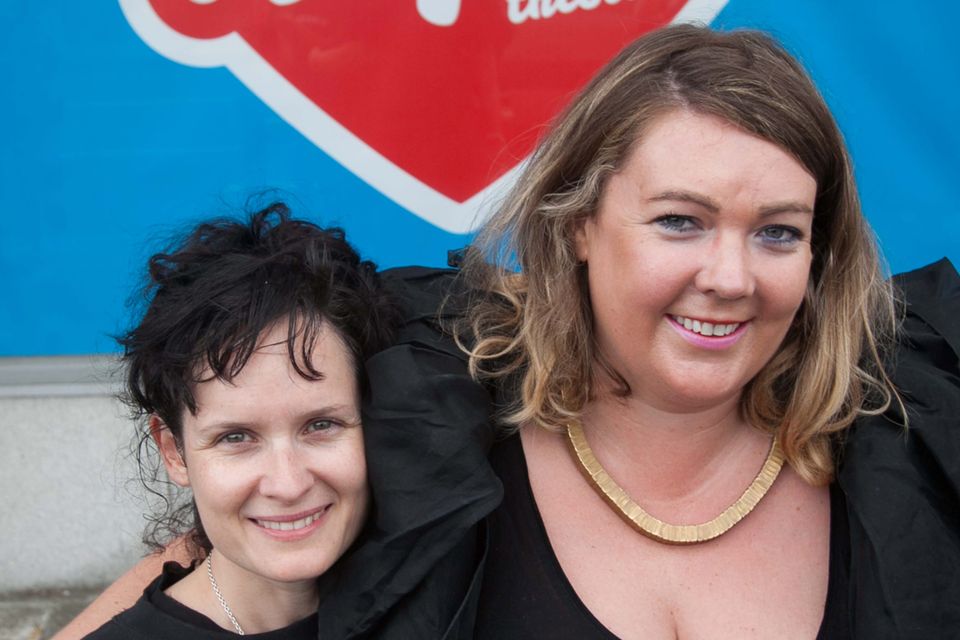 Deirdre Duffy of ICCL and Andrea Horan of Hunreal Issues at the unveiling of two replicas of the Repeal the 8th mural Photo: Collins Dublin