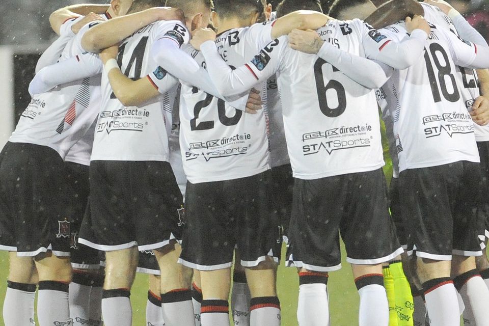 Dundalk's players huddle before last Friday night's Leinster Senior Cup clash with Shelbourne at Oriel Park. Picture: Aidan Dullaghan/Newspics