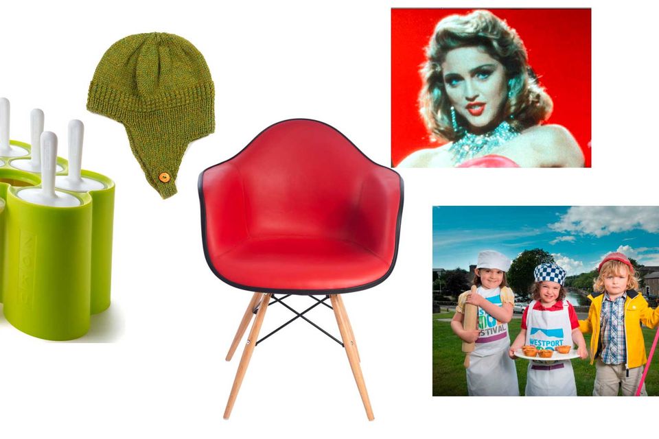 From left: Zoku pops, SI+LU Hat; Eames chair; Madonna, Material Girl; Westport Food festival
