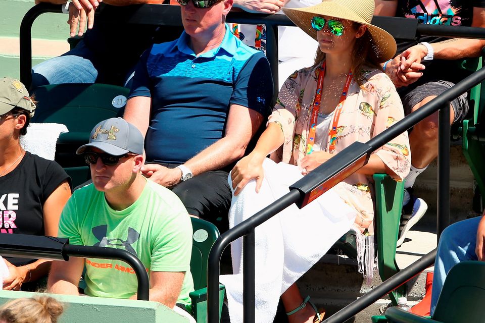 KEY BISCAYNE, FL - MARCH 29:  Kim Sears fiancee of Andy Murray of Great Britain watches him in action against Santiago Giraldo of Columbia in their third round match during the Miami Open Presented by Itau at Crandon Park Tennis Center on March 29, 2015 in Key Biscayne, Florida.  (Photo by Clive Brunskill/Getty Images)