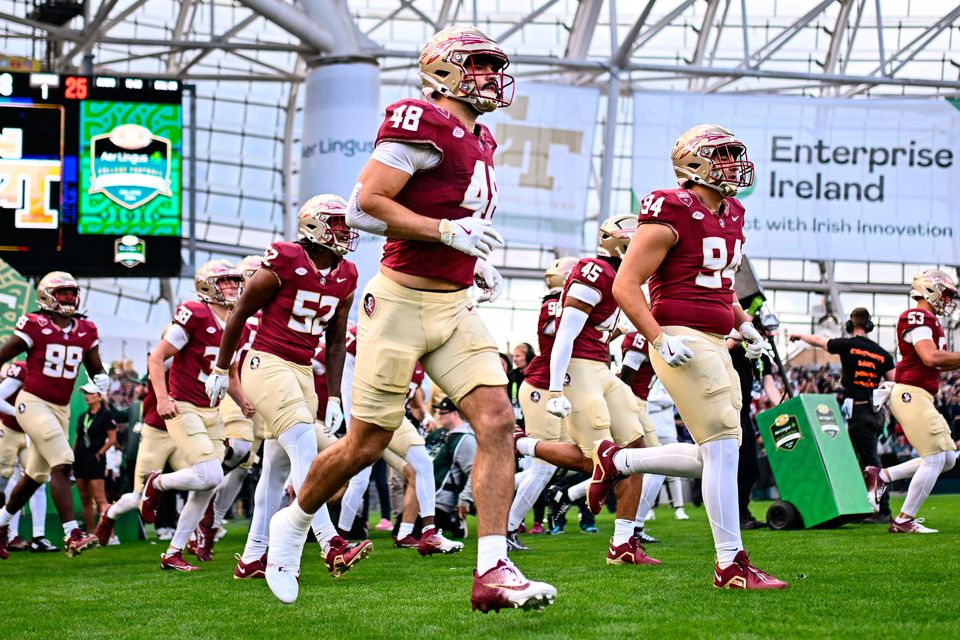 24 August 2024; Florida State Seminoles tight end Jackson West runs out before the 2024 Aer Lingus College Football Classic match between Florida State and Georgia Tech at Aviva Stadium in Dublin. Photo by Ben McShane/Sportsfile 