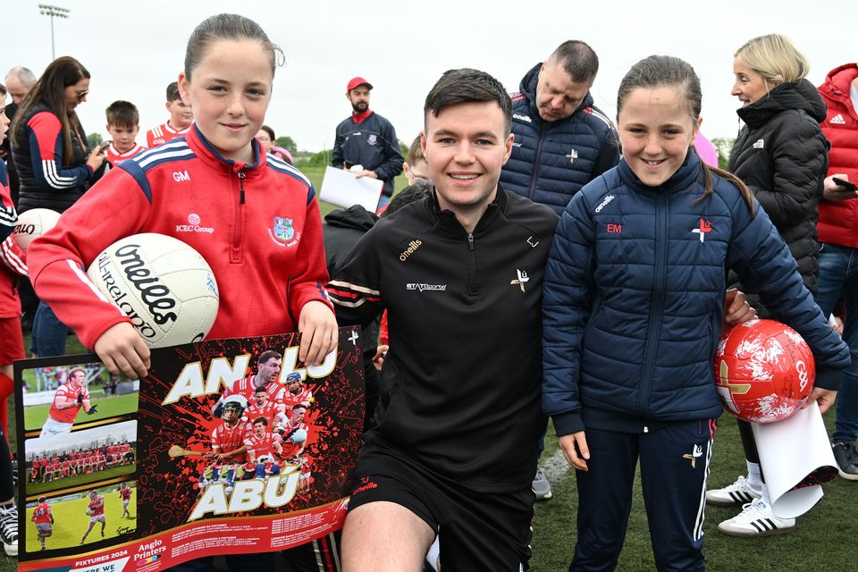 Twins Emma and Grace Molloy with Liam Jackson at the 'Meet the Louth Players' event held in Darver. Photo by Ken Finegan/Newspics Photography