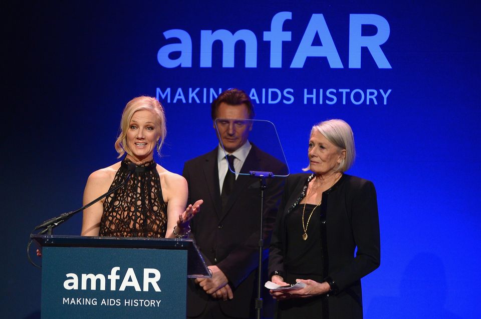 (L-R): Joely Richardson, Liam Neeson and Vanessa Redgrave speak onstage during the 2014 amfAR New York Gala at Cipriani Wall Street on February 5, 2014 in New York City.  (Photo by Michael Loccisano/Getty Images)