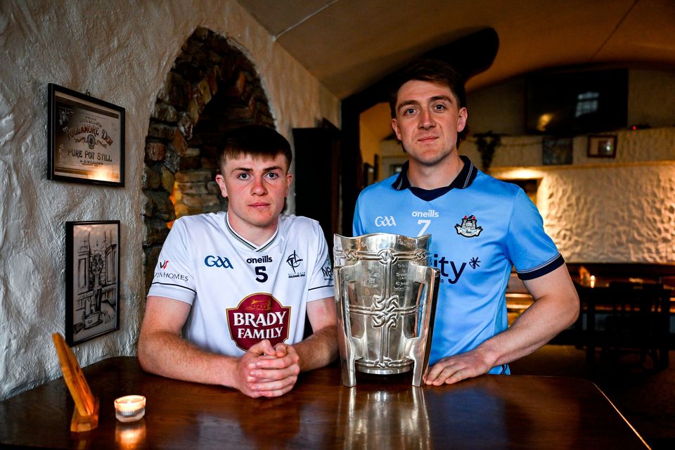 Kildare's Paul Dolan and Dublin's Darragh Gray with the Liam MacCarthy Cup during the national launch of the All-Ireland SHC at Kinnity Castle in Offaly. Photo: Brendan Moran/Sportsfile