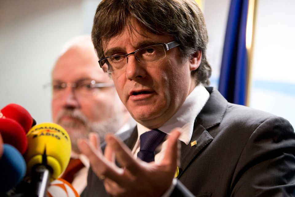 Ousted Catalan leader Carles Puigdemont speaks during a media conference in Brussels on Friday, Dec. 22, 2017. Ousted Catalan president Charles Puigdemont addressed the media on Friday, a day after regional elections in Spain. (AP Photo/Virginia Mayo)