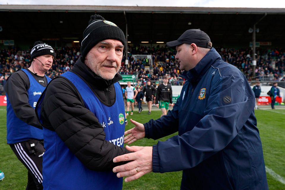 Offaly joint-manager Mickey Harte with Meath manager Robbie Brennan after their Leinster SFC quarter-final at Páirc Tailteann, Navan. Photo: Thomas Flinkow/Sportsfile