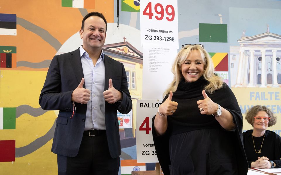 Taoiseach, Leo Varadkar with Senator Mary Seery-Kearney, casting his vote in the Family and Care Referendum. Picture: Colin Keegan, Collins Dublin