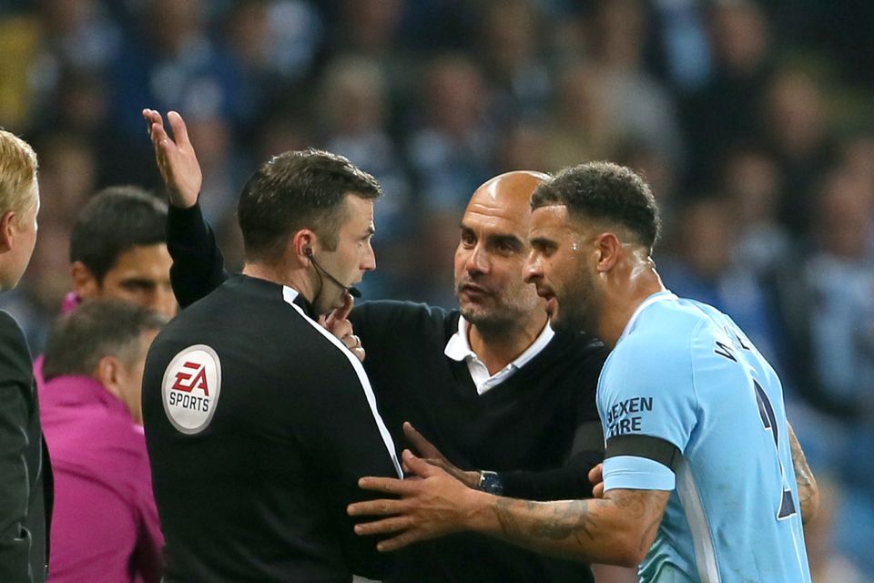 Kyle Walker (right) was sent off before half-time on his home debut for Manchester City.