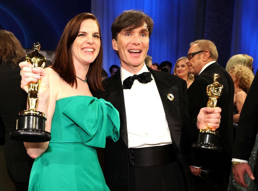 Jennifer Lame, with the Oscar for Best Film Editing for "Oppenheimer" and Cillian Murphy with the Best Actor Oscar for "Oppenheimer"