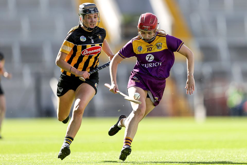 Wexford's Anais Curran and Claire Phelan of Kilkenny in their skorts in 2021. Photo: Laszlo Geczo/Inpho