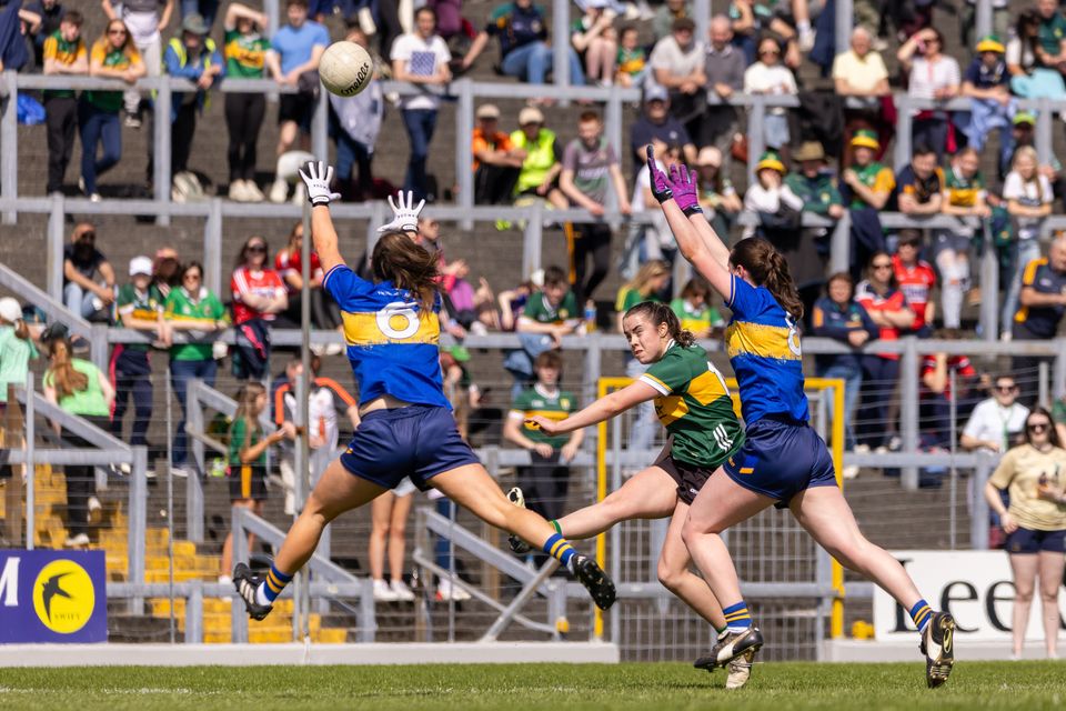 Danielle O'Leary shoots for a Kerry score as Tipperary's Maria Curley, left, and Laura Morrissey during the Munster Championship game at Fitzgerald Stadium, Killarney on Saturday afternoon. Photo by Tatyana McGough