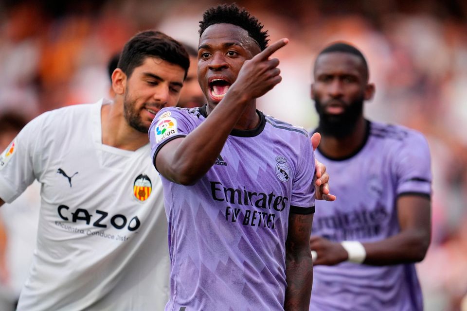 Real Madrid's Vinicius Junior reacts after receiving racist abuse at Estadio Mestalla in Valencia on Sunday.