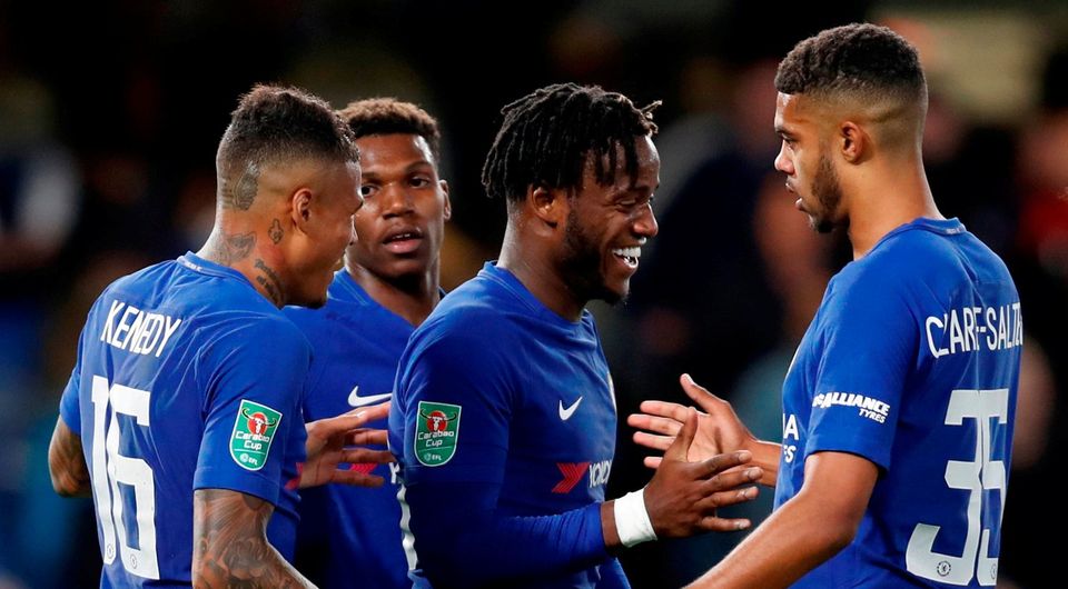Chelsea's Michy Batshuayi celebrates scoring their fifth goal with team mates. Photo: Paul Childs/Action Images via Reuters