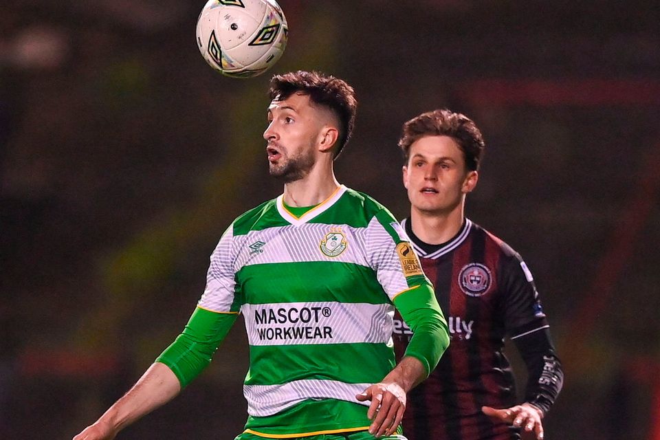 Neil Farrugia of Shamrock Rovers in action against Paddy Kirk of Bohemians during the SSE Airtricity Premier Division match at Dalymount Park in Dublin. Photo: Stephen McCarthy/Sportsfile