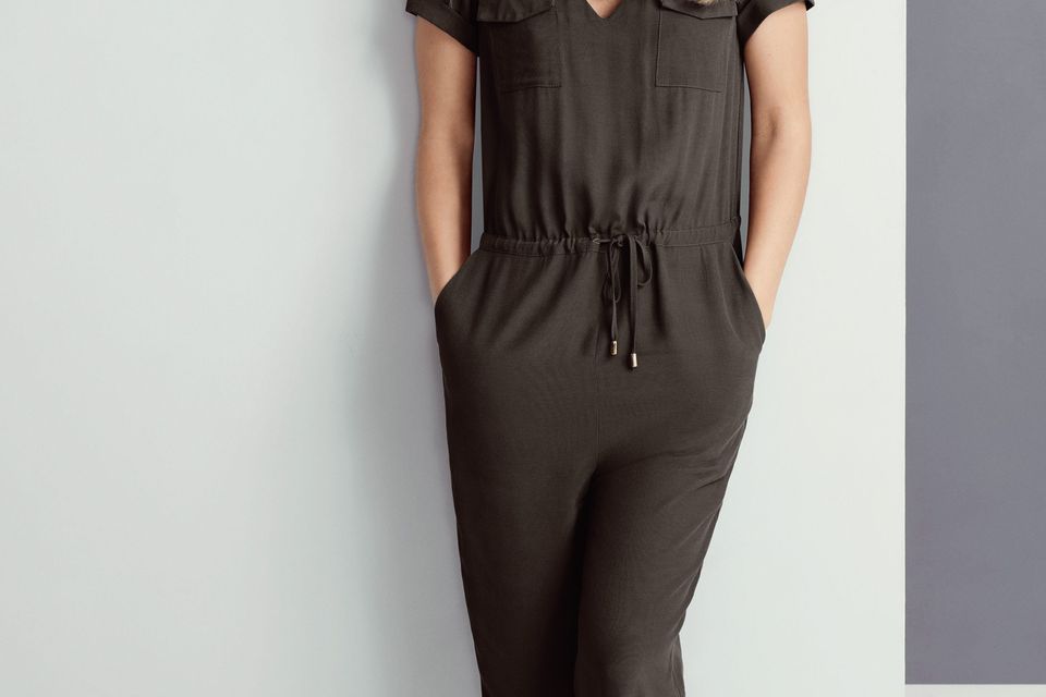 Khaki jumpsuit with epaulettes, €69, Kylie gold sandals, €60, from Loved by Mollie at Oasis