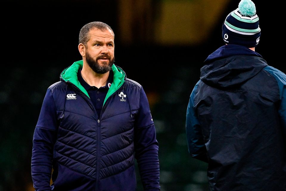 Ireland head coach Andy Farrell, left, and forwards coach Paul O'Connell during the Ireland rugby captain's run at Principality Stadium in Cardiff, Wales. Photo by Brendan Moran/Sportsfile