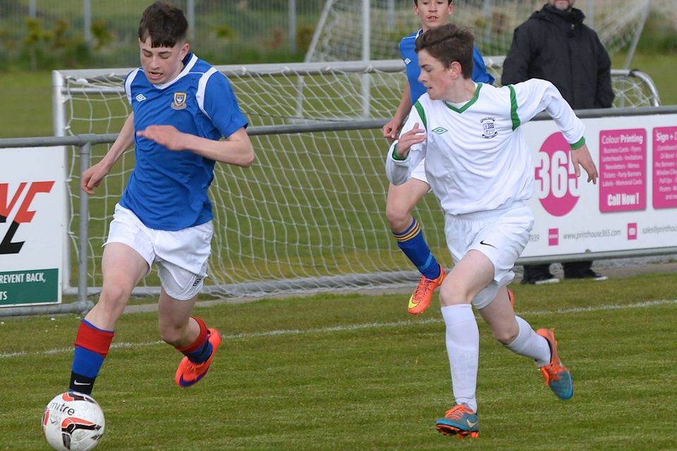 19/05/15. Dylan Reilly on the ball during the Under 15s soccer final between Colaiste Phadraig CBS and Templeouge College at Peamount Utd.
Pic: Justin Farrelly.