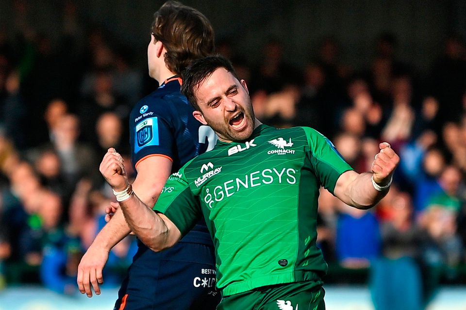 Caolin Blade of Connacht celebrates after scoring his third and his side's sixth try during the United Rugby Championship win over Edinburgh at the Sportsground in Galway. Photo by Brendan Moran/Sportsfile