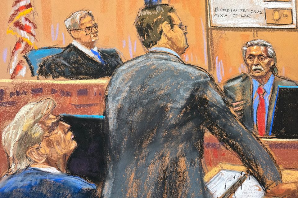 Courtroom sketch shows Donald Trump watching as David Pecker is questioned. Photo: Reuters