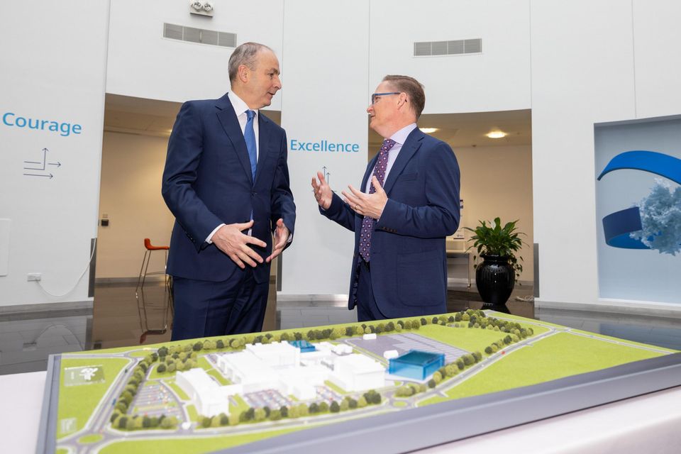Taoiseach Micheál Martin and Mike McDermott, Pfizer’s Chief Global Supply Officer, at Pfizer's Grange Castle manufacturing site in Dublin. Photo: Naoise Culhane