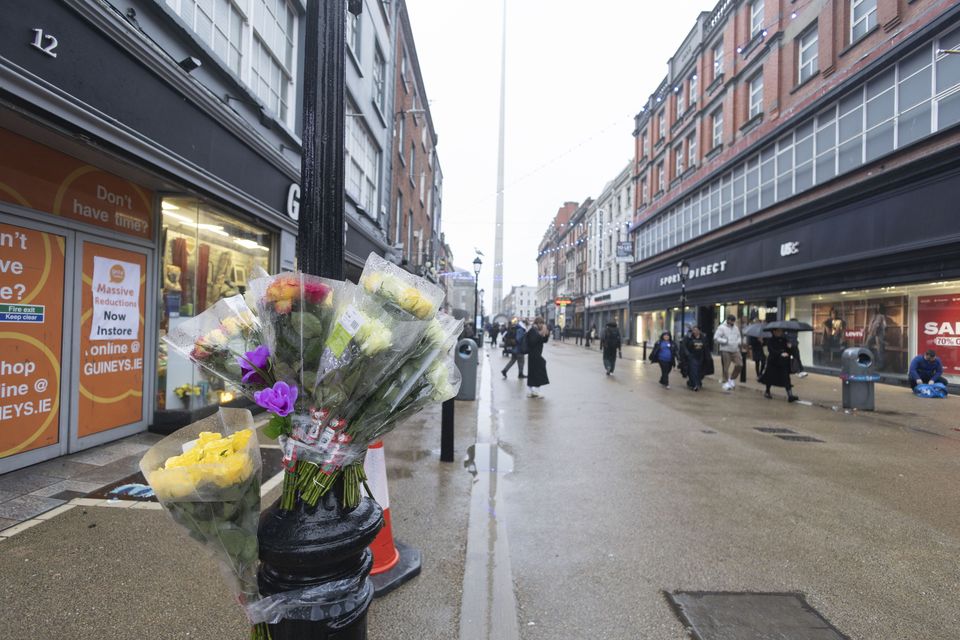 An increasing Floral tribute left at the scene where Mr Frank Daly, who was in his 80s and from East Wall, died when a Bus Éireann vehicle careered over the road between North Earl Street and Talbot Street at around 12.30pm on Thursday. Photo: Sam Boal/Collins Photos
