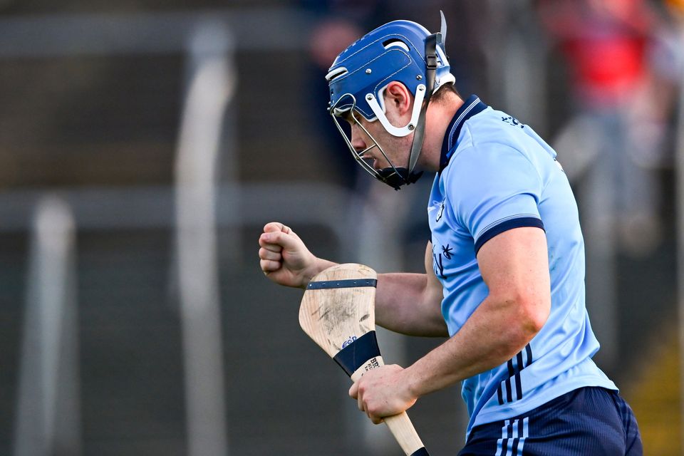 Eoghan O'Donnell of Dublin celebrates a goal by team-mate Fergal Whitely during the Leinster SHC Round 2 clash against Carlow at Netwatch Cullen Park. Photo: Piaras Ó Mídheach/Sportsfile