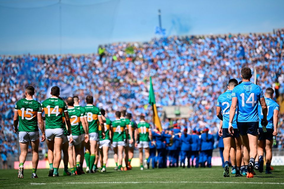 Dublin and Kerry players walk towards Hill 16 in the pre-match parade before the 2022 All-Ireland football semi-final at Croke Park. Photo: Stephen McCarthy/Sportsfile