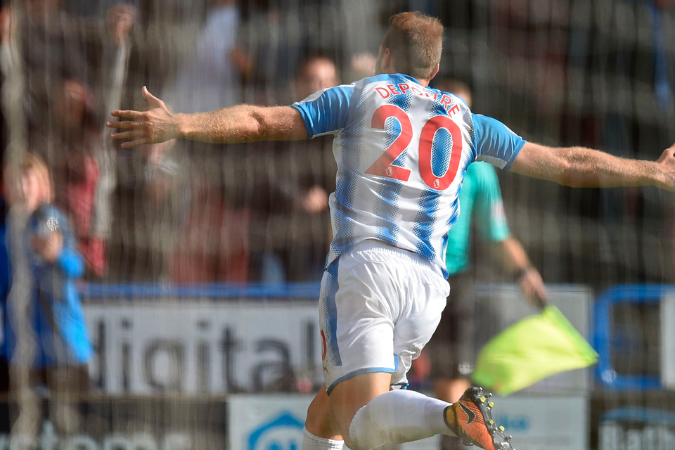 Huddersfield Town's Belgian striker Laurent Depoitre celebrates after scoring the opening goal. Photo: Getty Images