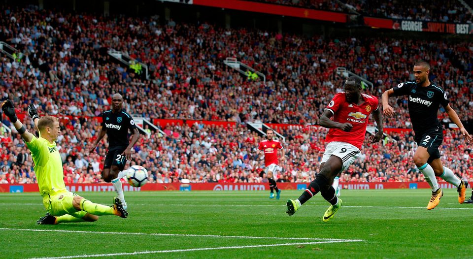 Football Soccer - Premier League - Manchester United vs West Ham United - Manchester, Britain - August 13, 2017   Manchester United's Romelu Lukaku scores their first goal    REUTERS/Andrew Yates  EDITORIAL USE ONLY. No use with unauthorized audio, video, data, fixture lists, club/league logos or "live" services. Online in-match use limited to 45 images, no video emulation. No use in betting, games or single club/league/player publications. Please contact your account representative for further details.     TPX IMAGES OF THE DAY