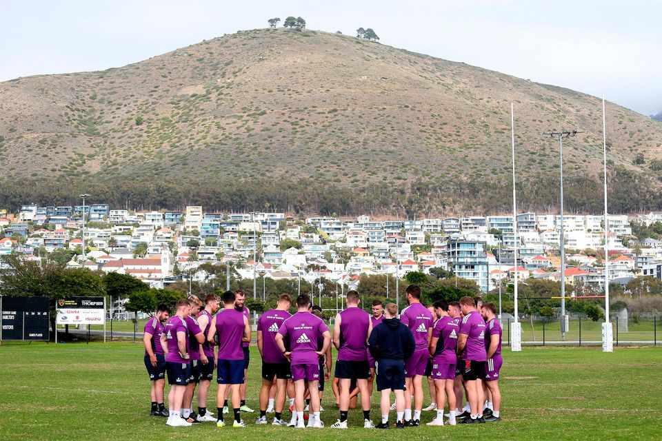 Munster players in huddle during a squad training session at Hamilton RFC in Cape Town, South Africa. Photo by Sportsfile
