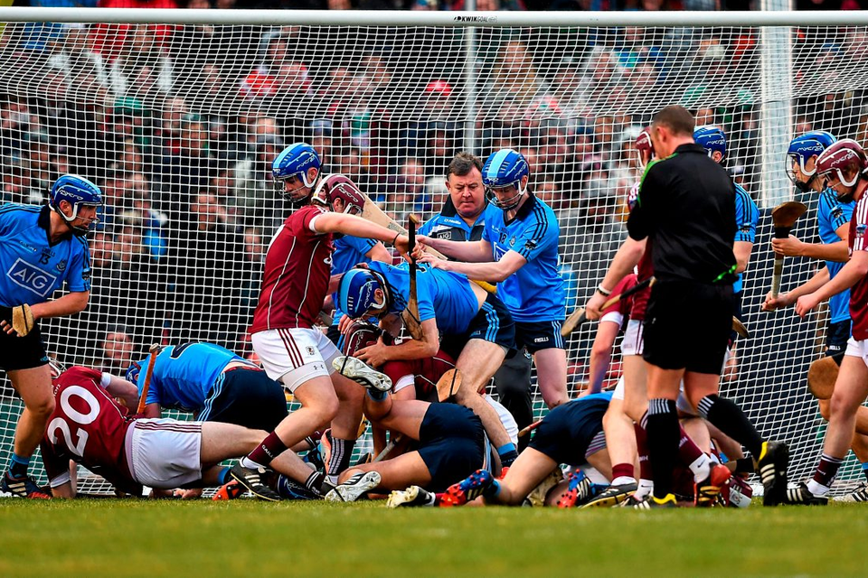 Players from Dublin and Galway tussle during the AIG Fenway Hurling Classic at Fenway Park yesterday