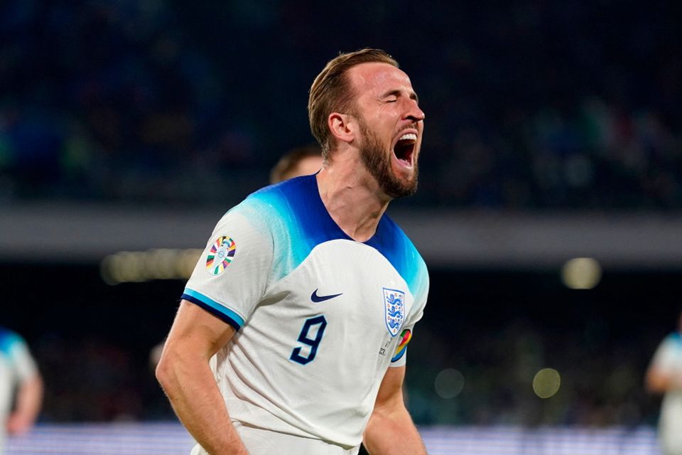 Harry Kane celebrates after breaking the England goal-scoring record against Italy. Adam Davy/PA Wire.