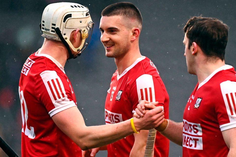 Shane Kingston of Cork, centre, celebrate with teammates Shane Barrett, left, and Niall O’Leary after the Allianz Hurling League Division 1 Group A match between Cork and Wexford